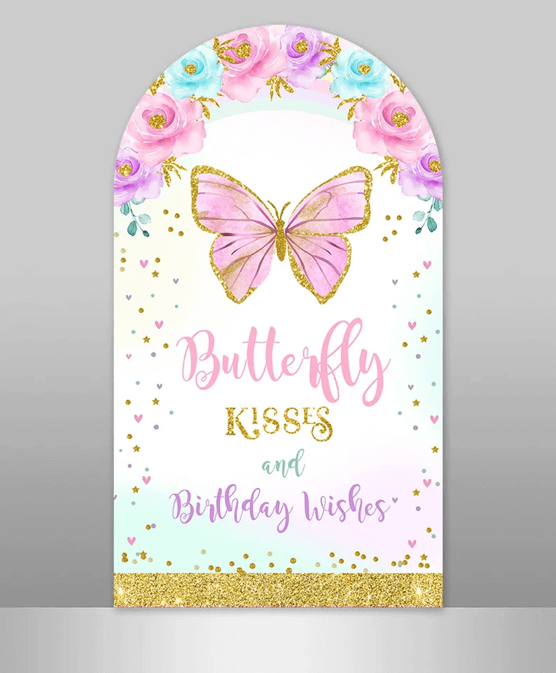 Цветочная бабочка целует ребенка пожелания двусторонняя арка фон Обложка Вечеринка