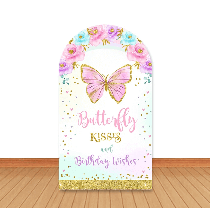 Couverture de toile de fond en arc Double face, baisers de papillons floraux, souhaits de bébé, fête
