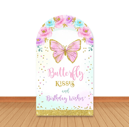 Couverture de toile de fond en arc Double face, baisers de papillons floraux, souhaits de bébé, fête
