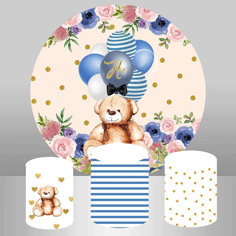 Flower Bear Round Backdrop Boys Baby Shower Backdrop Cylinder Covers
