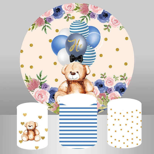 Flower Bear Round Backdrop Boys Baby Shower Cylinder Covers Party