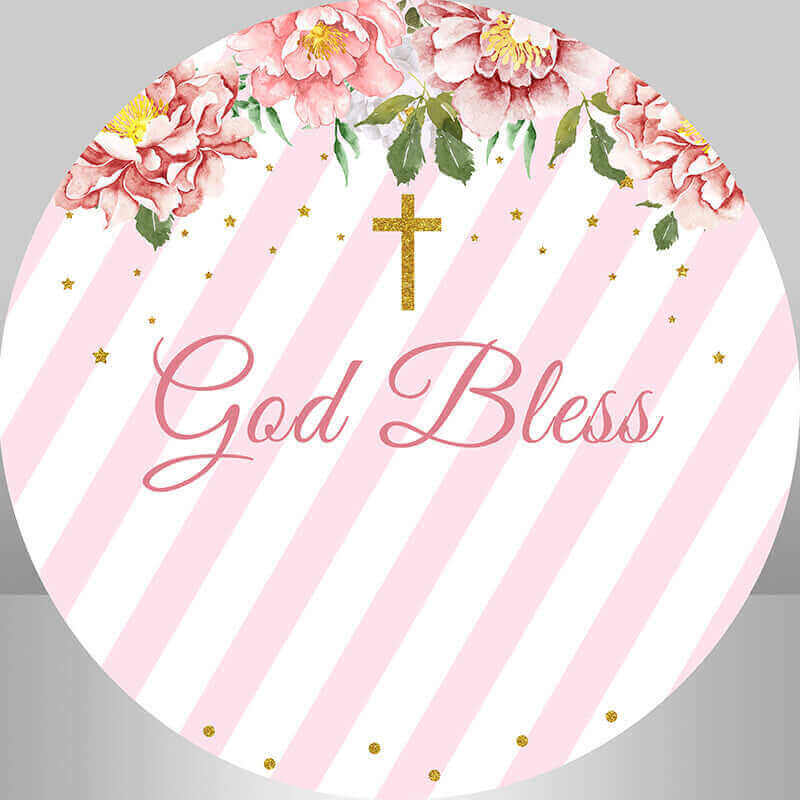 Цветок Розовый Белый Полосатый Золотой Крест Бог Благословит Крещение Круглый Фон Партии
