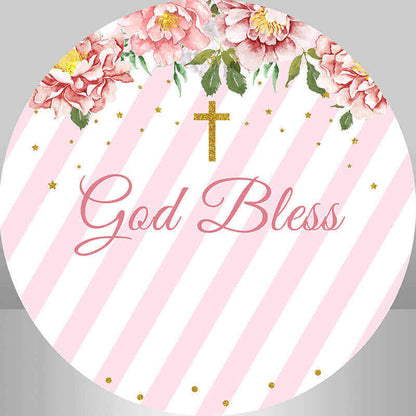 Flower Pink White Striped Gold Cross God Bless Baptism Round Backdrop Party