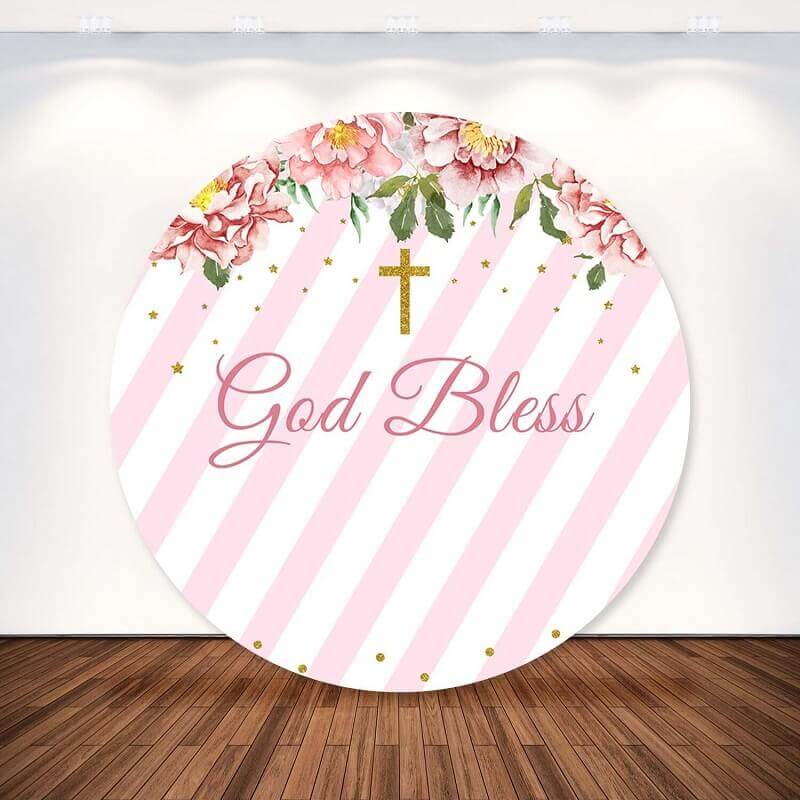Flower Pink White Striped Gold Cross God Bless Baptism Round Backdrop