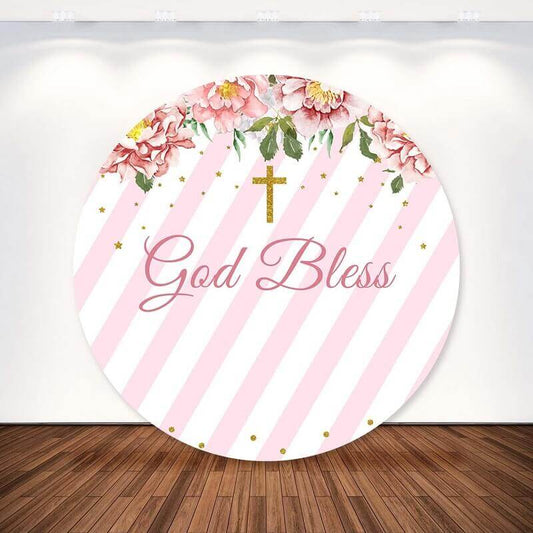 Λουλούδι Ροζ Λευκό Ριγέ Χρυσός Σταυρός God Bless Βάπτιση Στρογγυλό σκηνικό