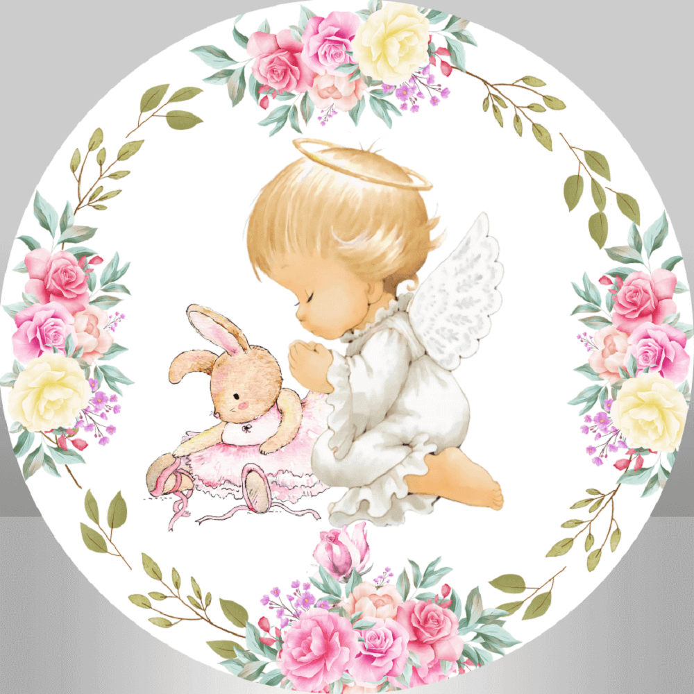 Flower Rabbit Angel Baptism Round Backdrop For First Communion Decor Party