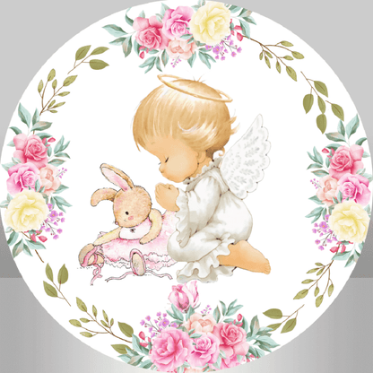 Круглий фон із квітковим кроликом і ангелом для хрещення для першого причастя