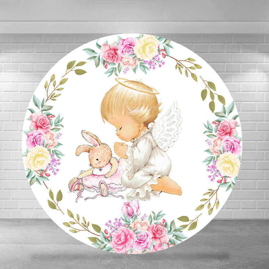 Круглий фон із квітковим кроликом для хрещення ангела для першого причастя