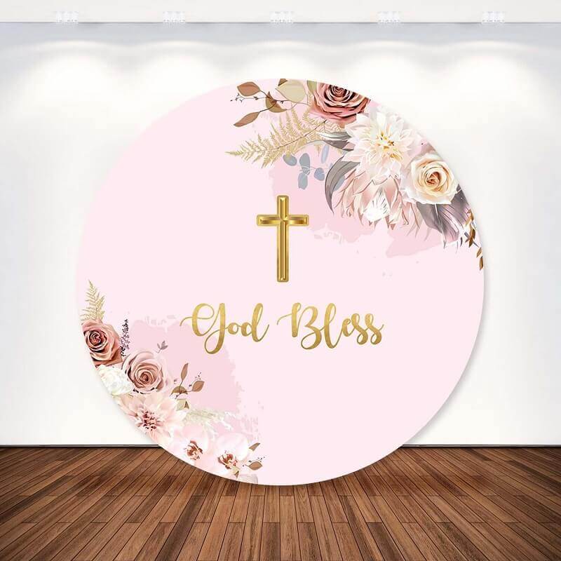 "God Bless" round pink floral backdrop with gold cross, ideal for baptisms, christenings, and baby dedications.
