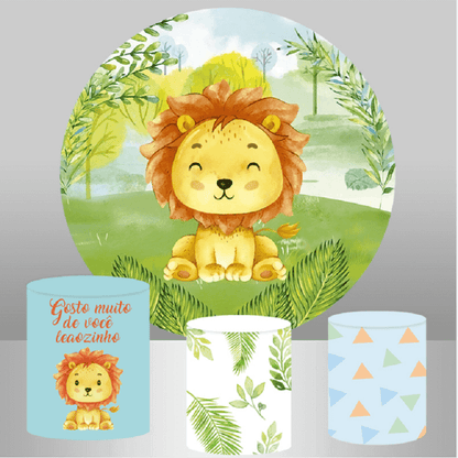 Okrugla pozadina za dječju rođendansku zabavu Forest Baby Lion Shower