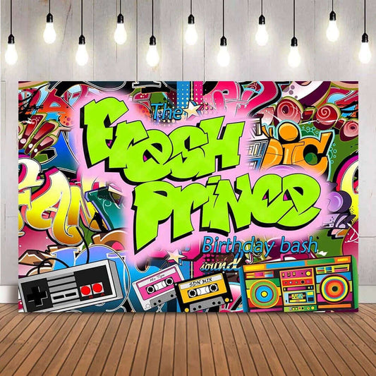 Fondo de fiesta de cumpleaños de Príncipe fresco Hip Hop Graffiti Wall 80S 90S foto telón de fondo retrato niños