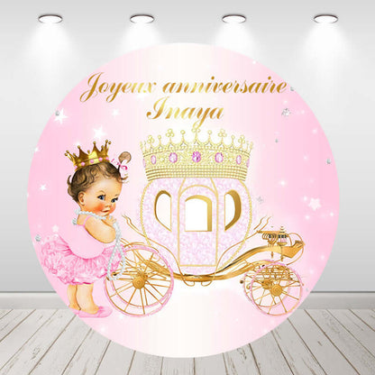 Gold Carriage Pink Princess Girls Baby Shower Birthday Round Backdrop