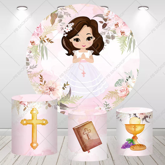 Girl's First Communion Round Backdrop Cylinder Set Watercolor Floral Decor