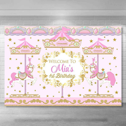 Glitter Carousel Stripes Horse Baby Birthday Party Backdrops Girls Baby Shower Photography Background