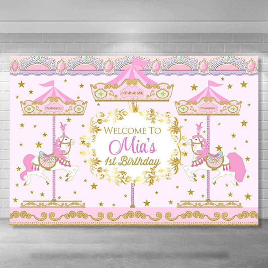 Glitter Carousel Stripes Horse Baby Birthday Party Backdrops Girls Shower Photography Background