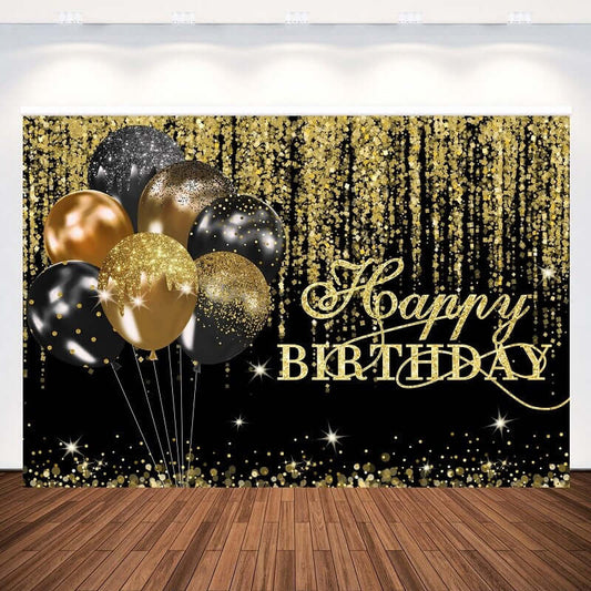 Fondo de fotografía de feliz cumpleaños dorado con purpurina, globos, decoración para fiesta de adultos, cabina de fotos de fondo