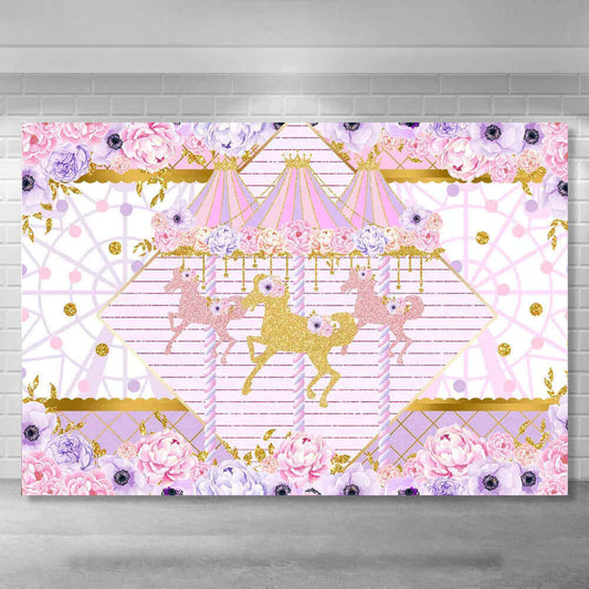 Csillogó rózsaszín és lila körhinta lány születésnapi parti háttere fotózáshoz virágos babazuhany