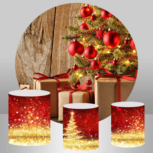 Svjetlucave retro drvene božićne darove, okrugle pozadine, navlake za postolja