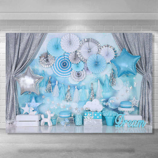 Csillogó ezüst függöny kék álom Gyermek születésnapi háttérparti