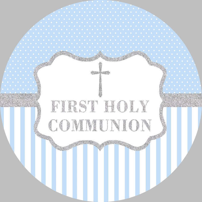 God Bless First Holy Communion Baptism Silver Cross Round Background Party Backdrop