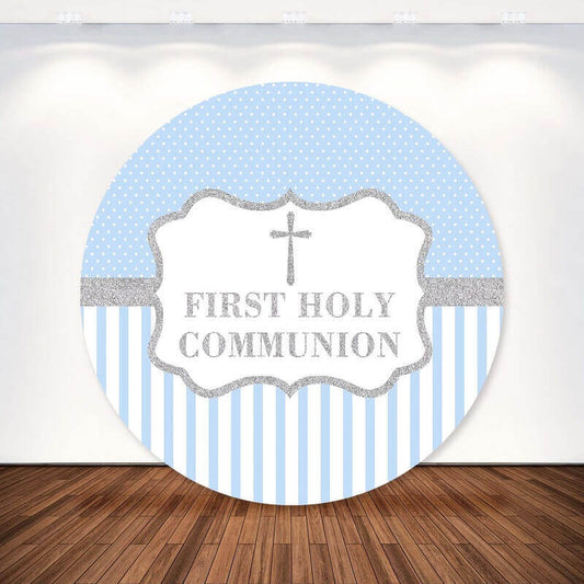 God Bless First Holy Communion Baptism Silver Cross Round Background Party Backdrop