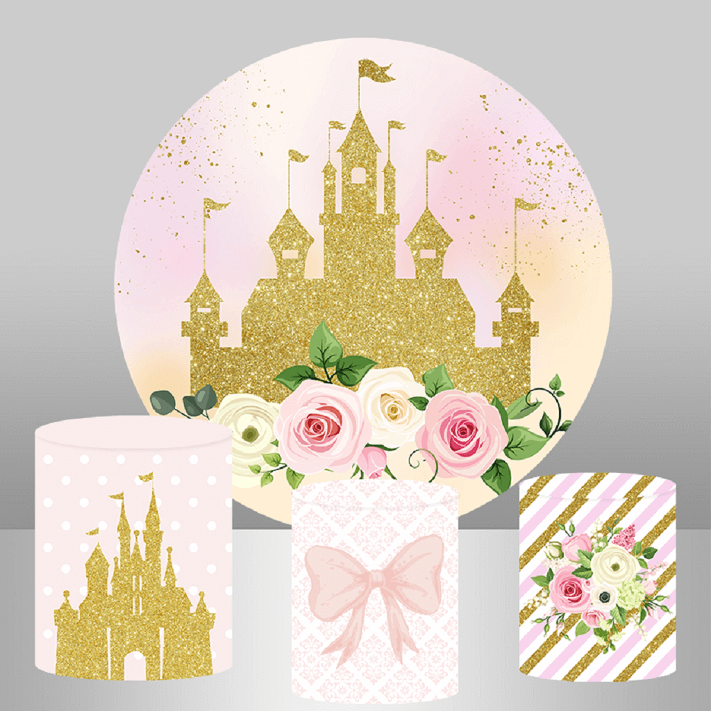Gold Castle Princess Birthday Party Flowers Round Circle Backdrop