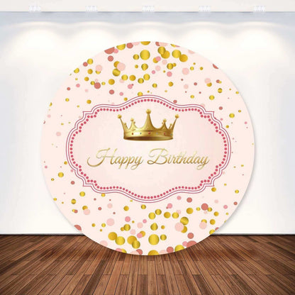 Gold Dots Crown Pink Girls Happy Birthday Round Backdrop Cover Party