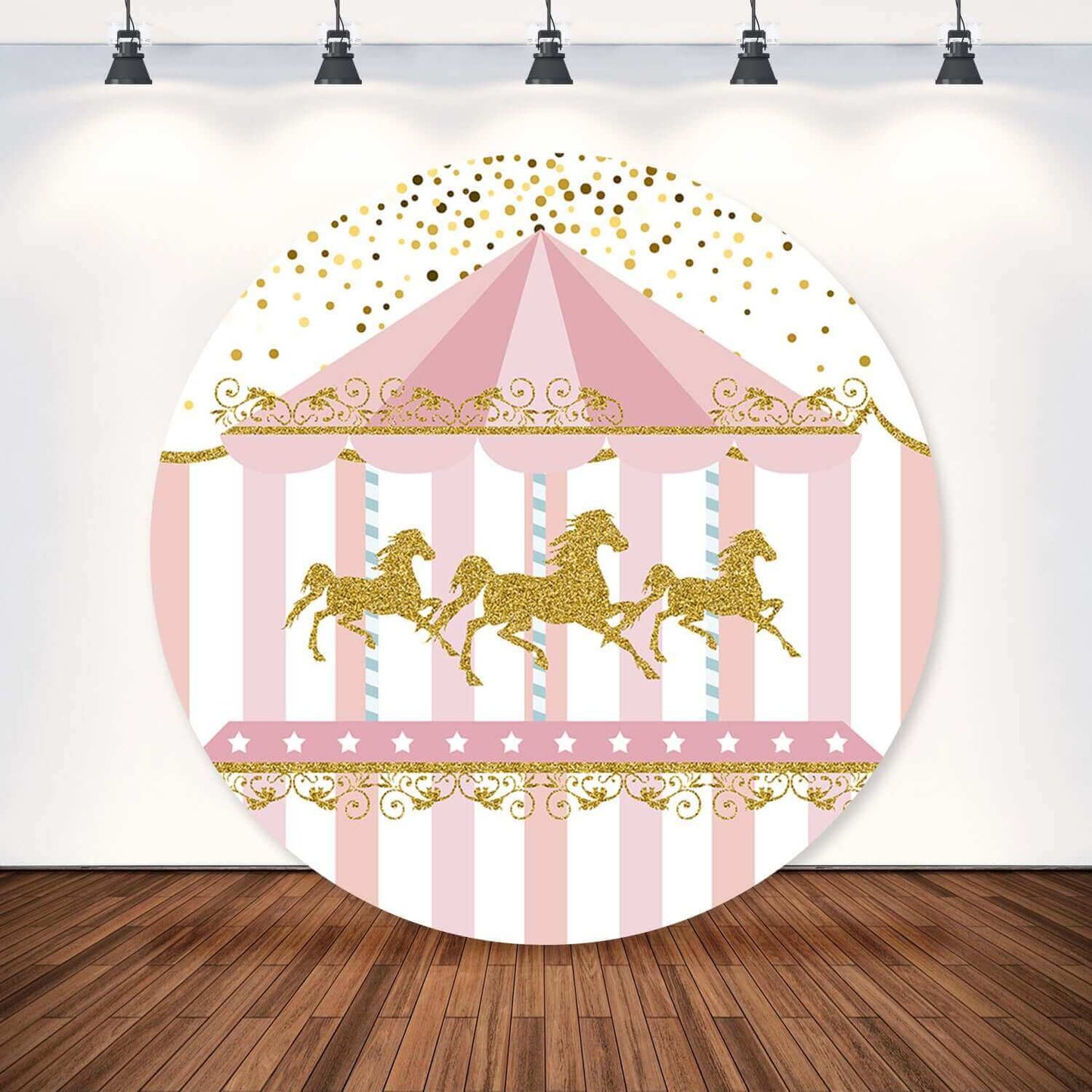 Gold Dots Pink Carousel Girls Birthday Round Backdrop Cover