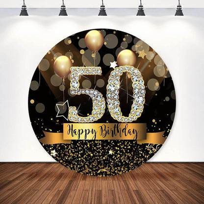 Black Wall Gold Glitter Balloons Happy 50th Birthday Round Backdrop