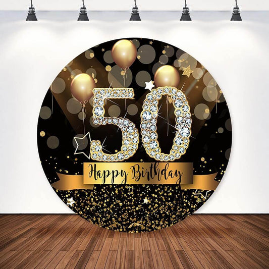 Palloncini glitter dorati da parete neri Happy 50th Birthday Round Party sullo sfondo