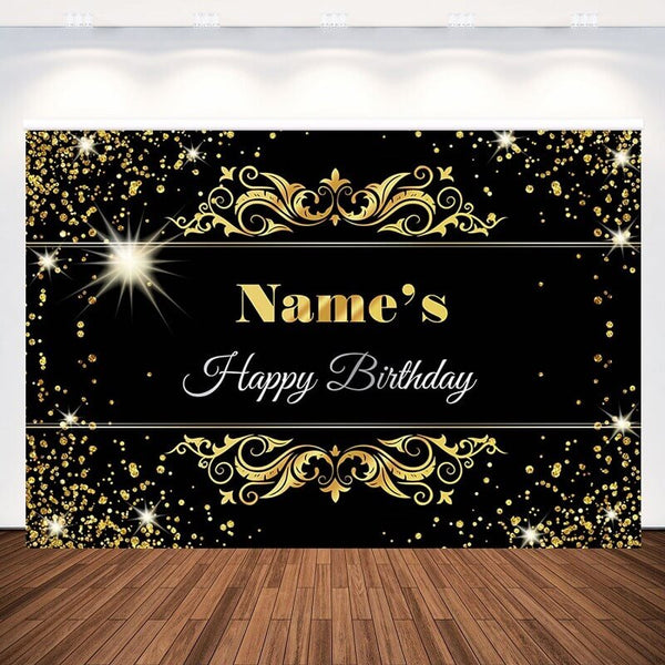 Custom Name Gold Glitter Black Birthday Photography Backdrop – webackdrops
