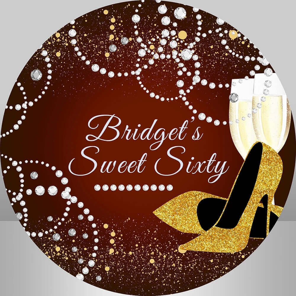Festa con sfondo rotondo per compleanno da donna con tacco alto vino bordeaux glitter oro