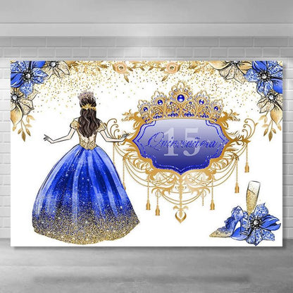 Quinceanera prinses achtergrond goud glitter zoete 15e meisje verjaardagstaart tafel feestdecoratie