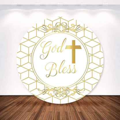 Gold God Bless Cross Kids Baptism Primera Comunión Round Backdrop