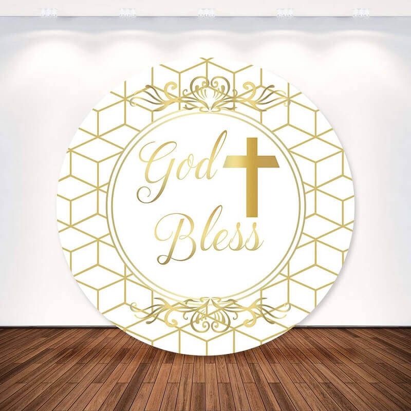 Gold God Bless Cross Kids Baptism Primera Comunión Okrugla zabava s pozadinom