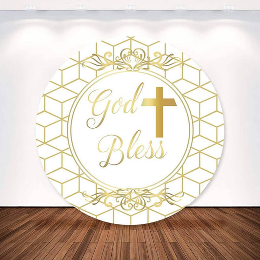 Gold God Bless Cross Kids Baptism Primera Comunión Pyöreä taustajuhla