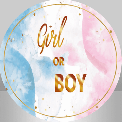 Zlaté téma růžové a modré chlapec nebo dívka pohlaví odhalit kulaté pozadí party