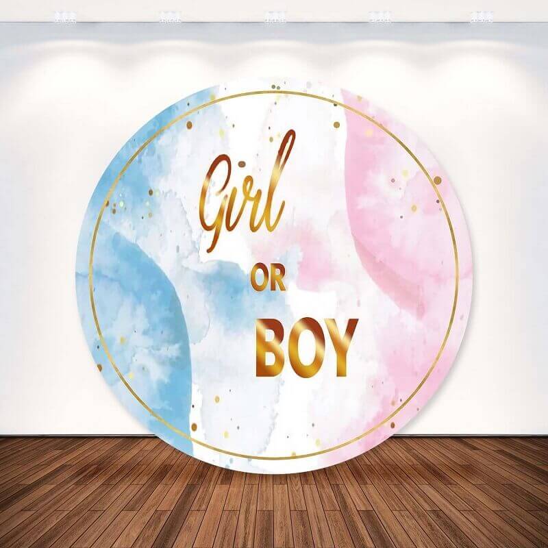 Gold Theme Pink and Blue Boy or Girl Gender Reveal Round Backdrop