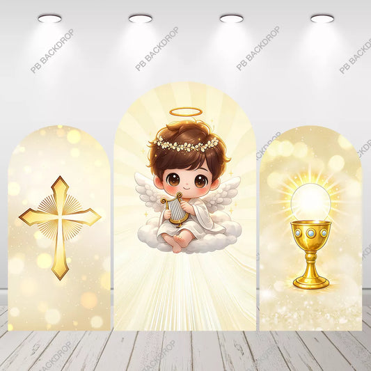 Golden Angel Boy Baptism Arch Backdrop Religious Party Decor