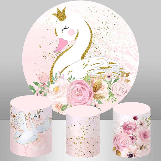 Zlatne točkice Pink Flower Swan Princess Rođendanska okrugla pozadinska zabava