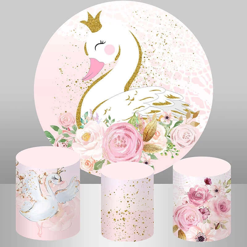 Zlatne točkice Pink Flower Swan Princess Rođendanska okrugla pozadinska zabava