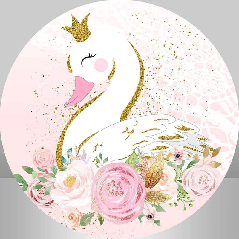 Golden Dots Pink Flower Swan Princess Birthday round Backdrop