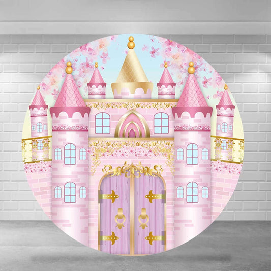 Golden Pattern Pink Princess Castle Girls Baby Shower Round Backdrop