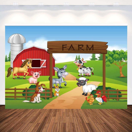 Дитячий фон для дня народження на тему мультяшної ферми із зеленими тваринами на газоні