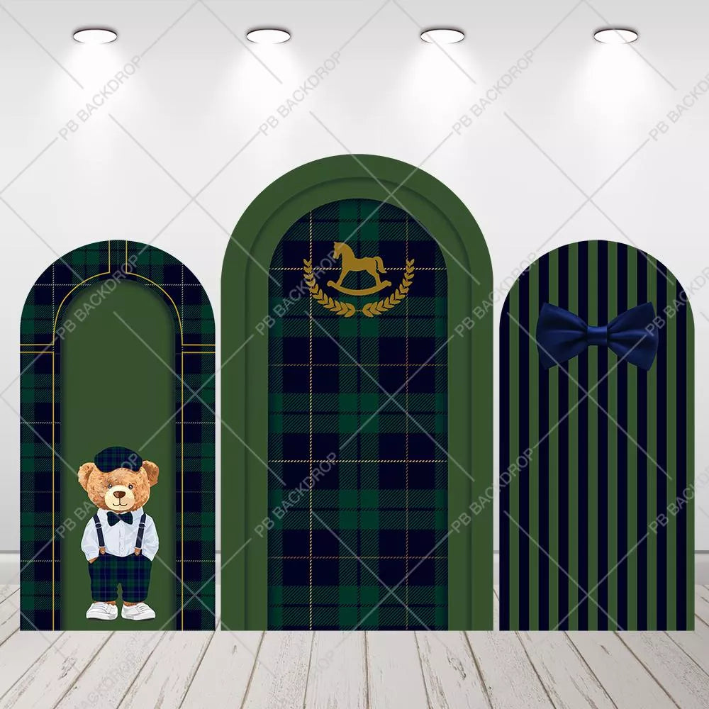 Green Plaid Teddy Bear Arch Backdrop Classic Gentleman Baby Shower Boys Birthday Decor
