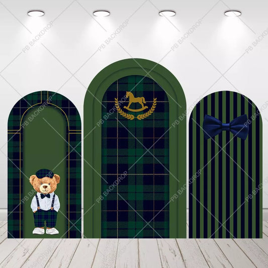 Green Plaid Teddy Bear Arch Backdrop Classic Gentleman Baby Shower Boys Birthday Decor