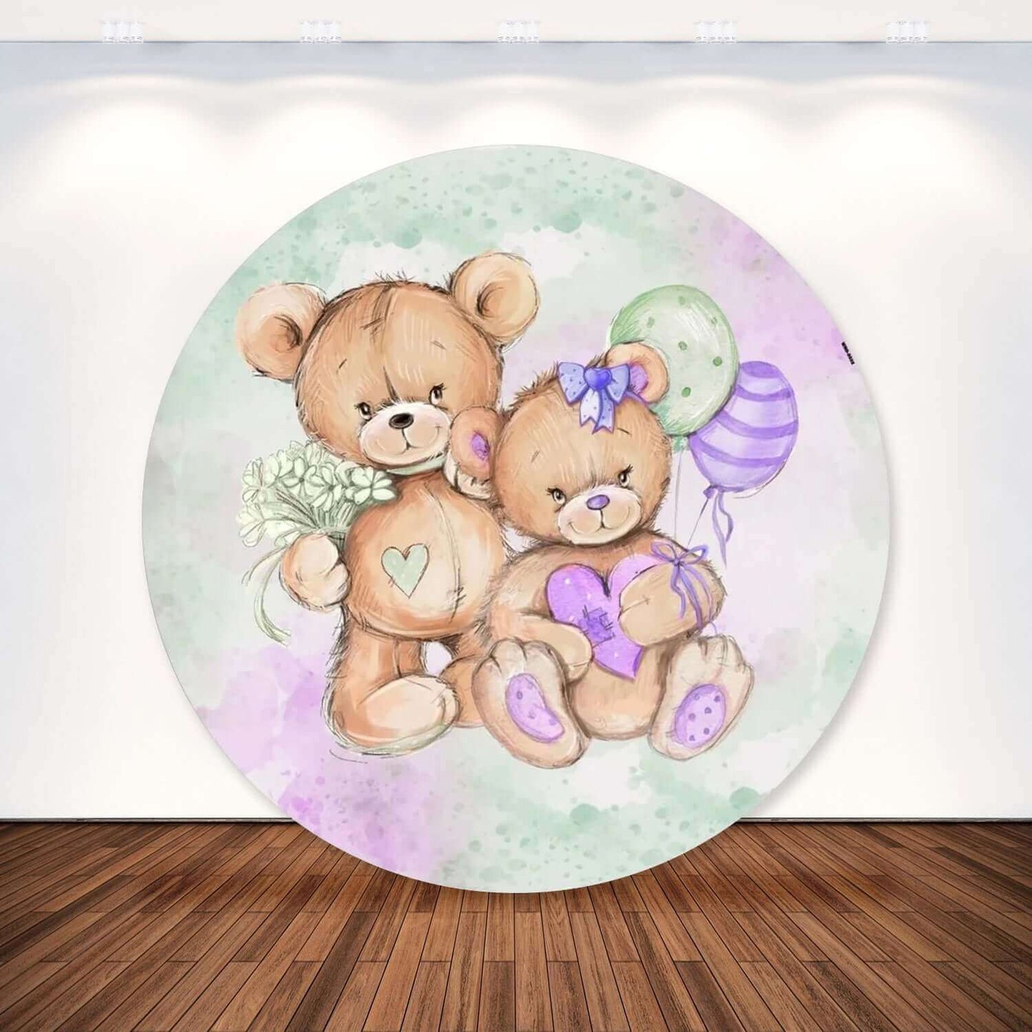 Festa con sfondo fotografico rotondo a tema orso verde e viola