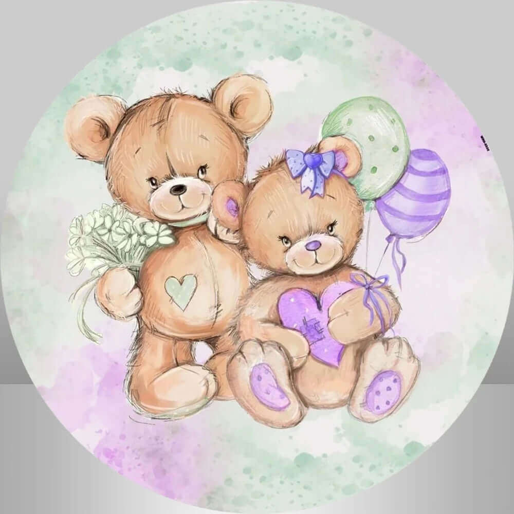 Green and Purple Bear Theme Gender Reveal Round Photography Backdrop