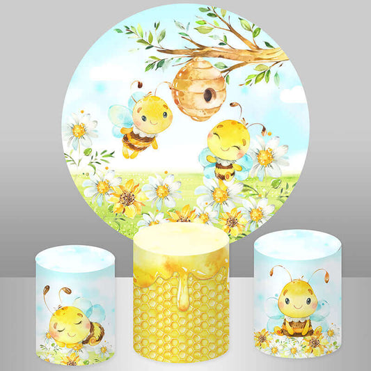 Fiesta de la cubierta del telón de fondo redondo del cumpleaños de los niños y la fiesta de bienvenida al bebé de la abeja de la miel