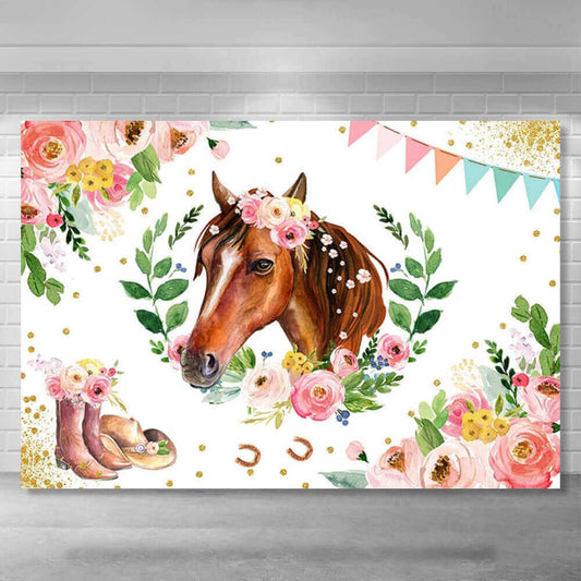 Koňská párty pozadí Cowgirl květina foto pozadí farma western narozeniny miminko banner stánek